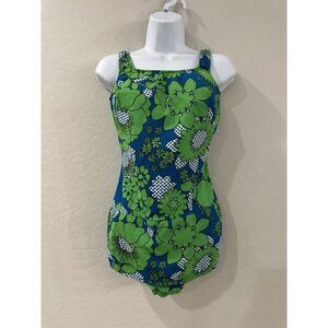 VTG 50s 60s GreenBlue Psychedelic Pinup Style Swimsuit Rockabilly Retro READ S/M